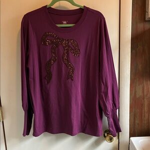 Belle by Kim Gravel Plum Long Sleeve Tee with Sequin Bow